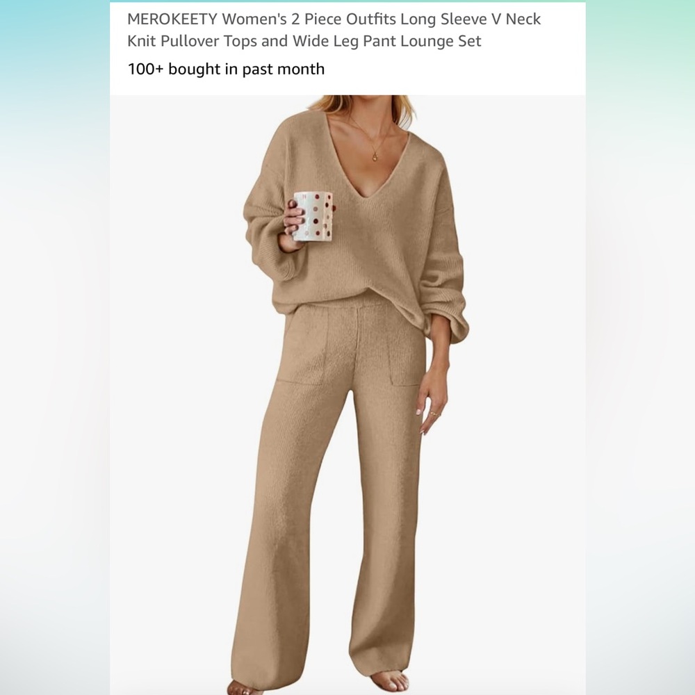 Women's 2 Piece Long Sleeve V Neck Knit Pullover Tops & Wide Leg Pant Lounge Set